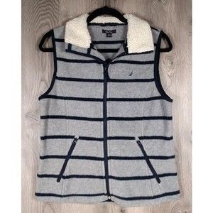 Nautica Sweater Vest Womens Medium Fleece Full Zip Pockets Striped Grey & Blue